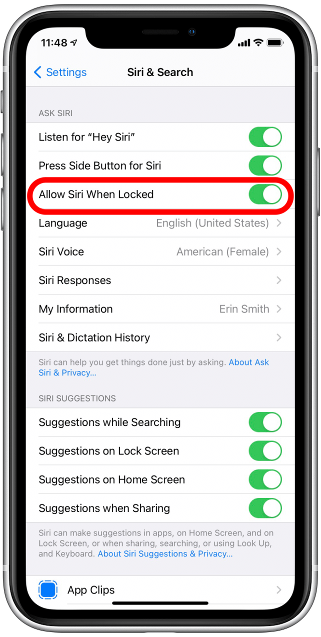 Make sure the Allow Siri When Locked toggle is green, which means it's enabled