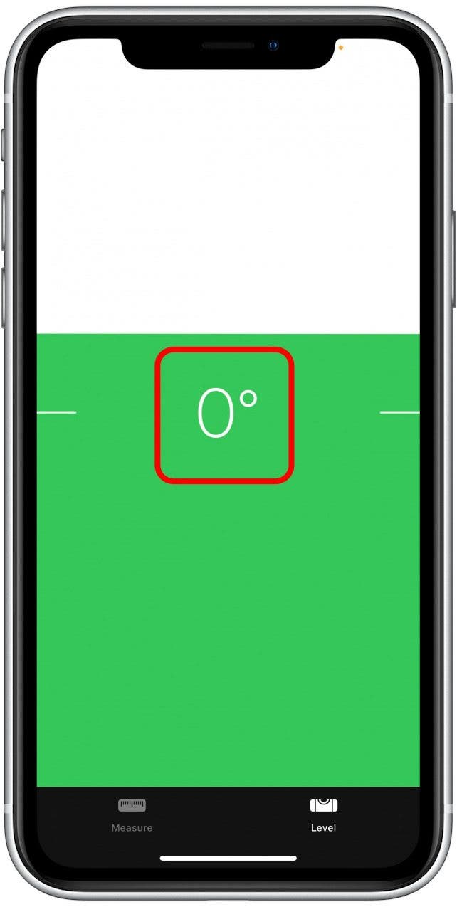 When your device, and therefore the surface you're testing, is level you'll see a green screen and 0º.