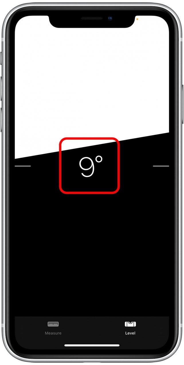 If the surface you're checking isn't level, the screen will be black, and you'll see how many degrees plus or minus it's off from level.