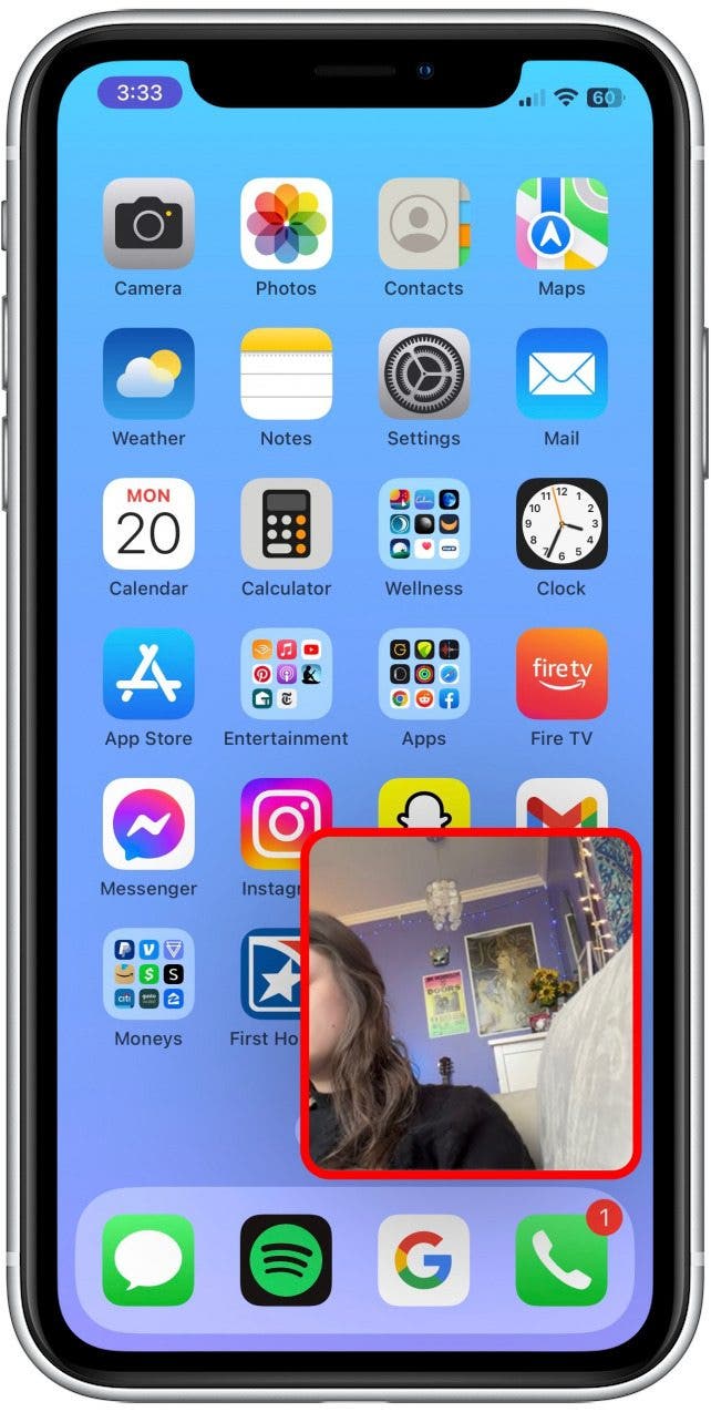 The video will be displayed in a small square on the screen. You can move the square around or hide it away. Either way, it will not be visible to the other person while you’re sharing screen.