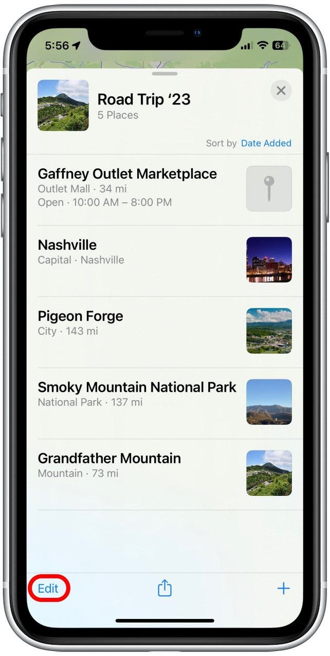 To delete locations from your Guide, tap Edit. You can also swipe left on a specific location to share or delete that location.