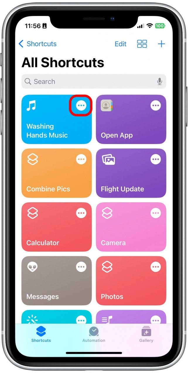 Tap the three dots in a circle on the shortcut labeled Washing Hands Music.