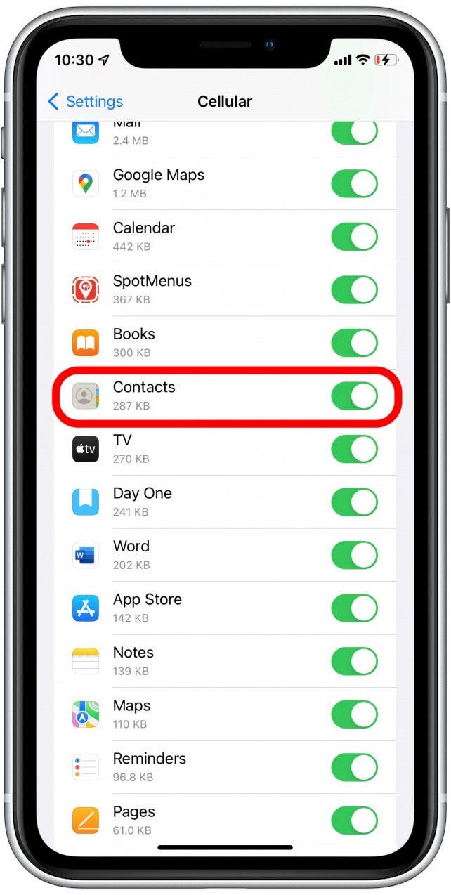 Toggle iCloud Contacts on