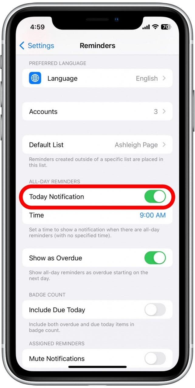 Make sure you've enabled the toggle for all-day notifications. 