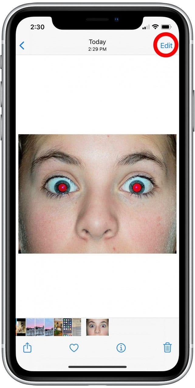 Tap Edit to remove the red eye. 