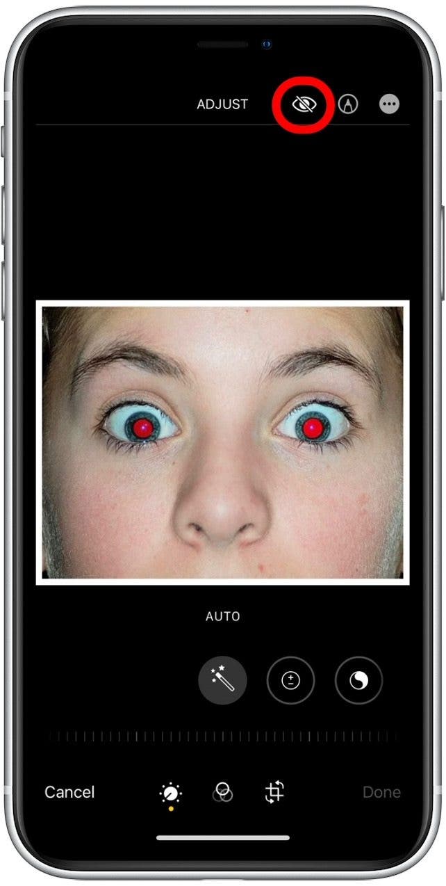 Tap the red eye icon to edit the photo on your iPhone or iPad.