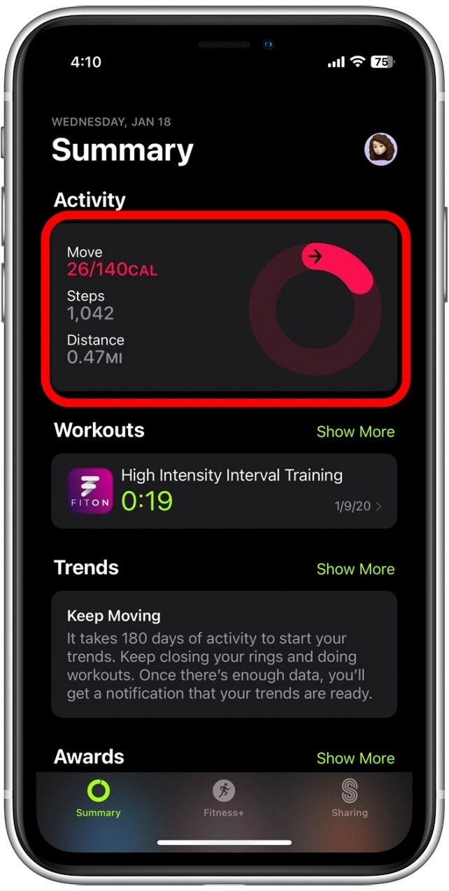 Your daily move summary is displayed beneath the Activity header.