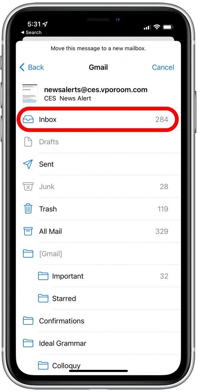 tap inbox to stop emails going to junk