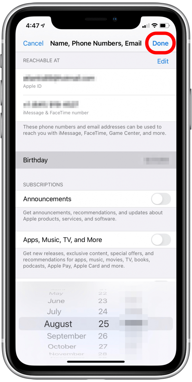 Edit your birthday and then tap Done