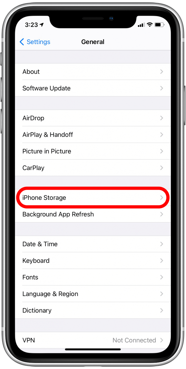 Tap on iPhone Storage or iPad Storage