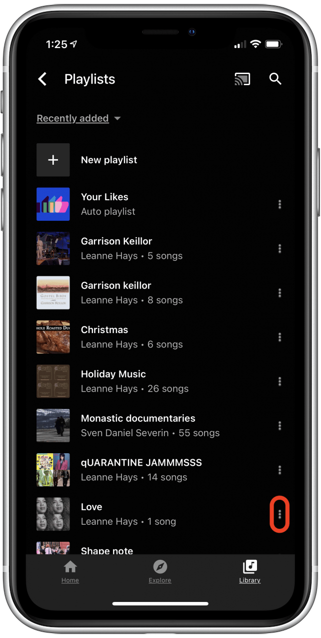 Select the three dots next to your YouTube Music playlist to edit