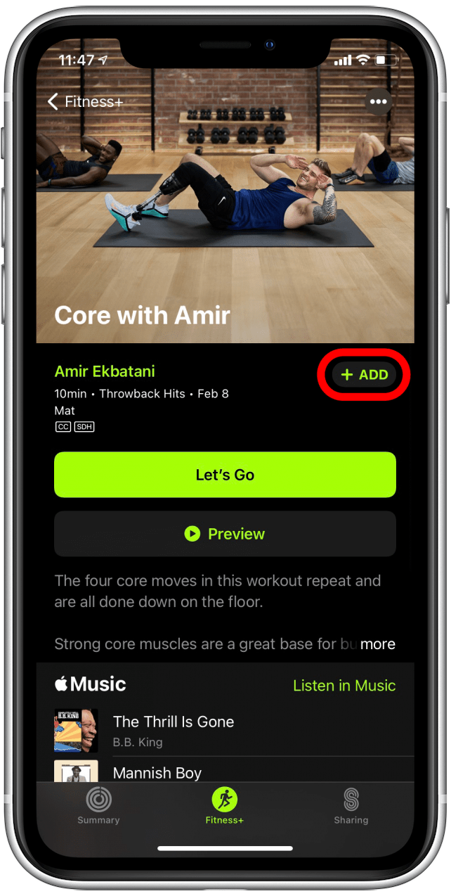 Tap the + ADD icon to add the workout to your My Workouts list