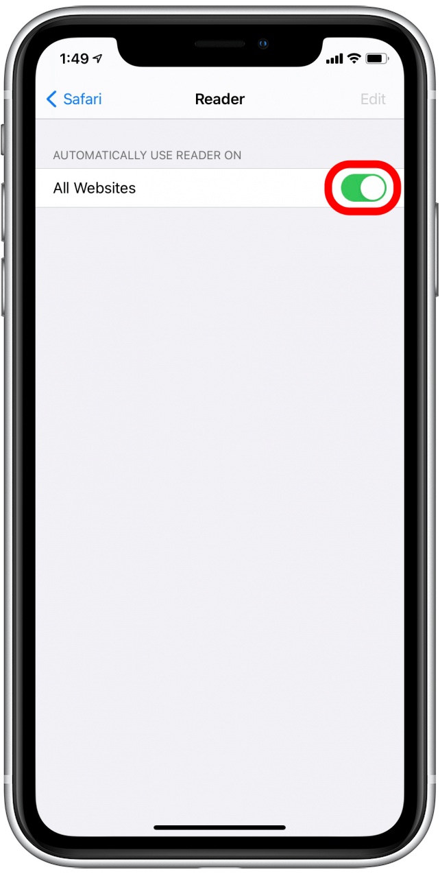 Toggle off All Websites to disable reader view in Safari