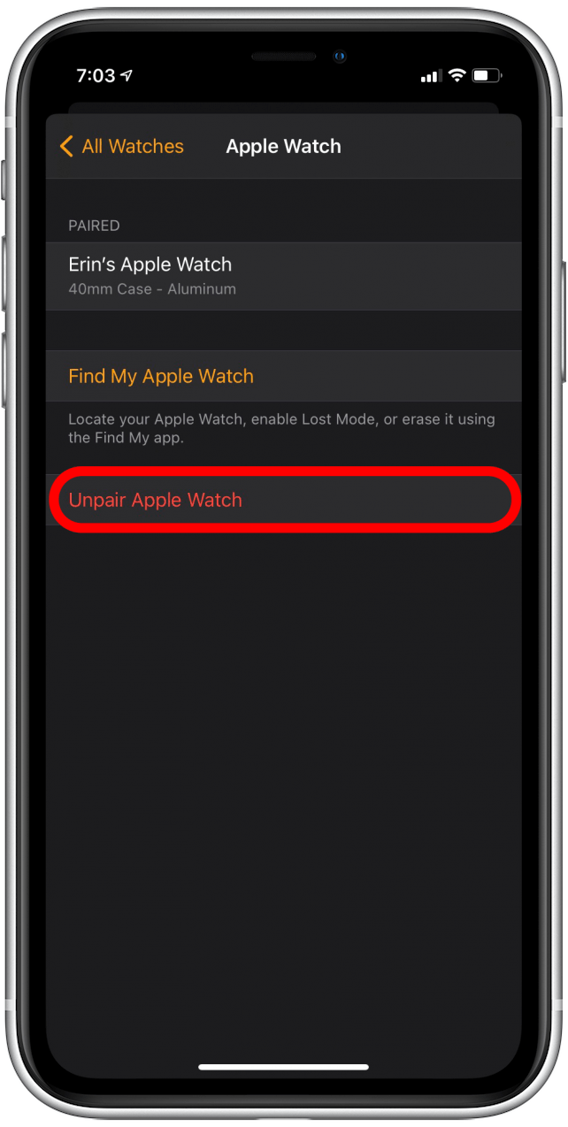 Tap on Unpair Apple Watch