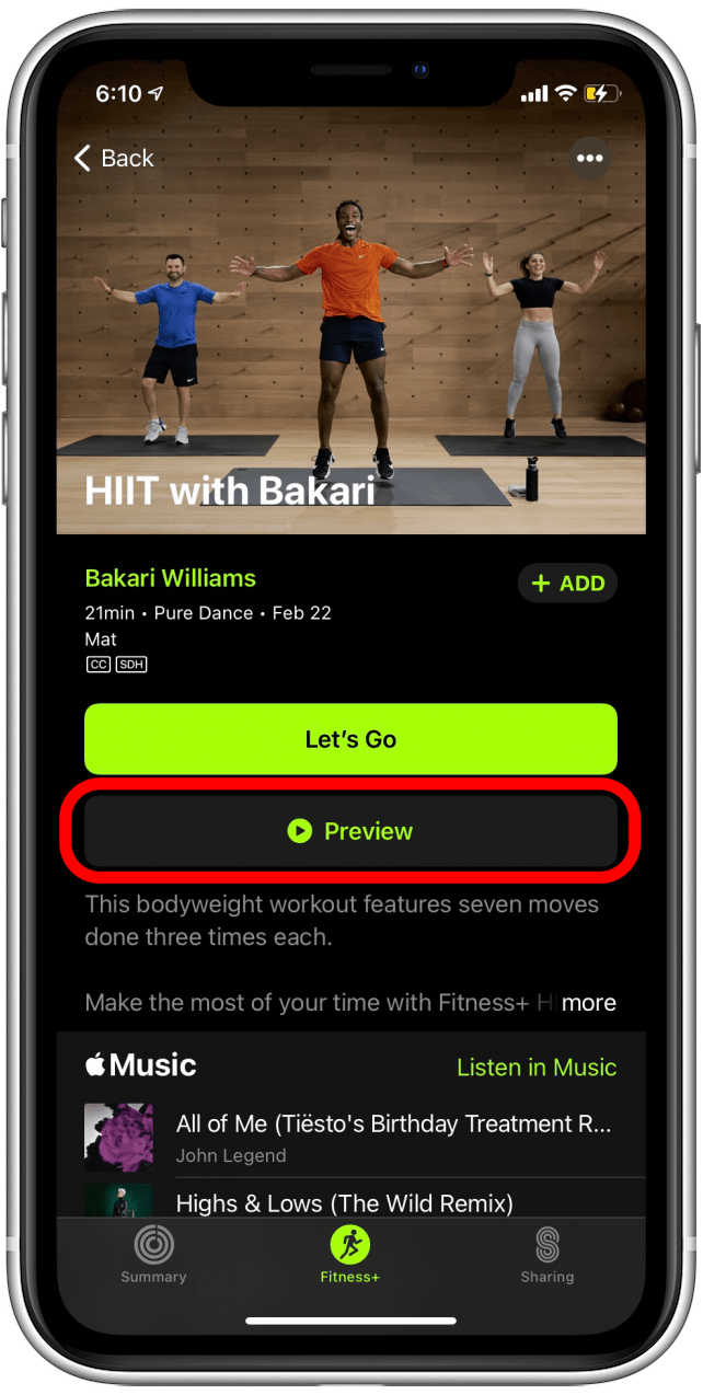 Select the Preview button to see a snippet of the workout