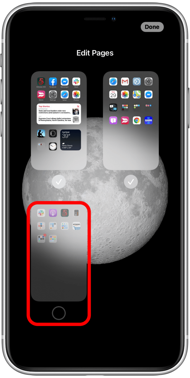 Locate the hidden Home Screen page. It will be blurry and will not have a check mark under it.