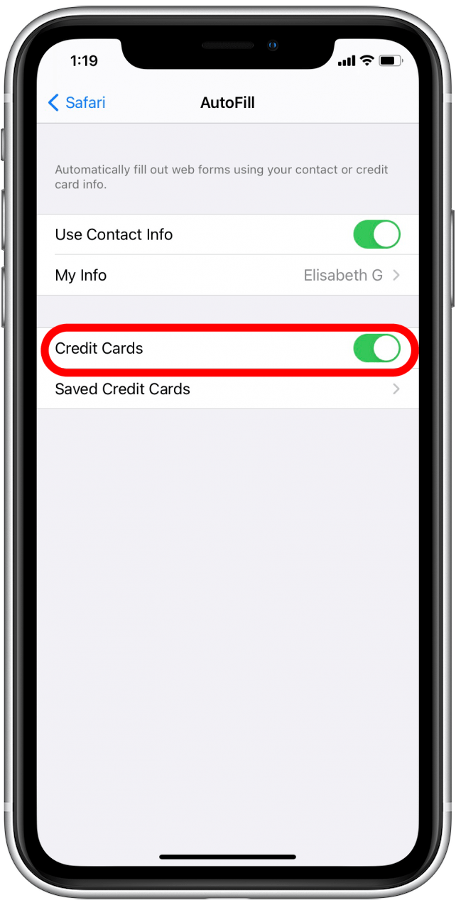 Toggle on credit card autofill