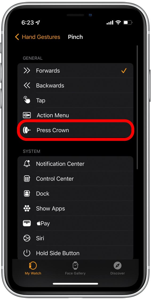 Tap Press Crown. From now on, the Pinch gesture will simulate a press of the Digital Crown.