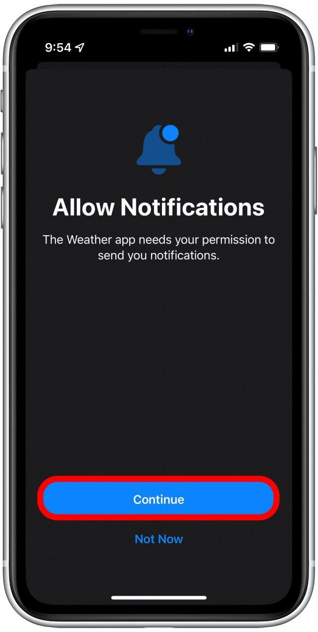 Back in the weather app, tap Continue to allow notifications.