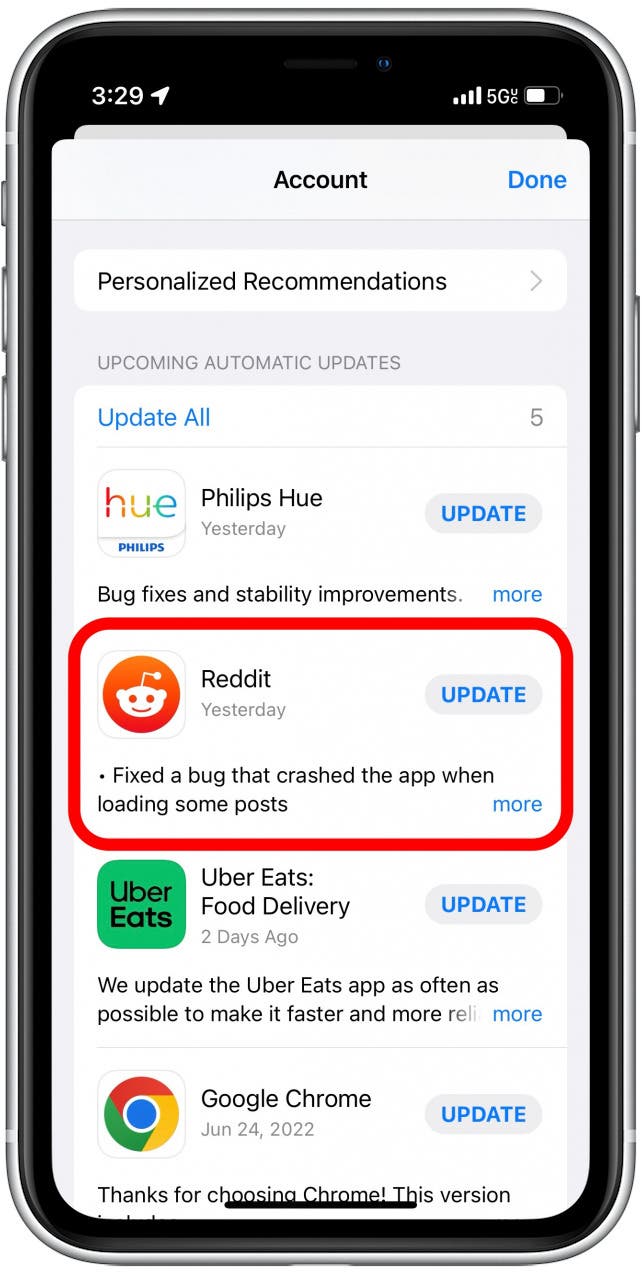 Scroll down to find the app you want to update.