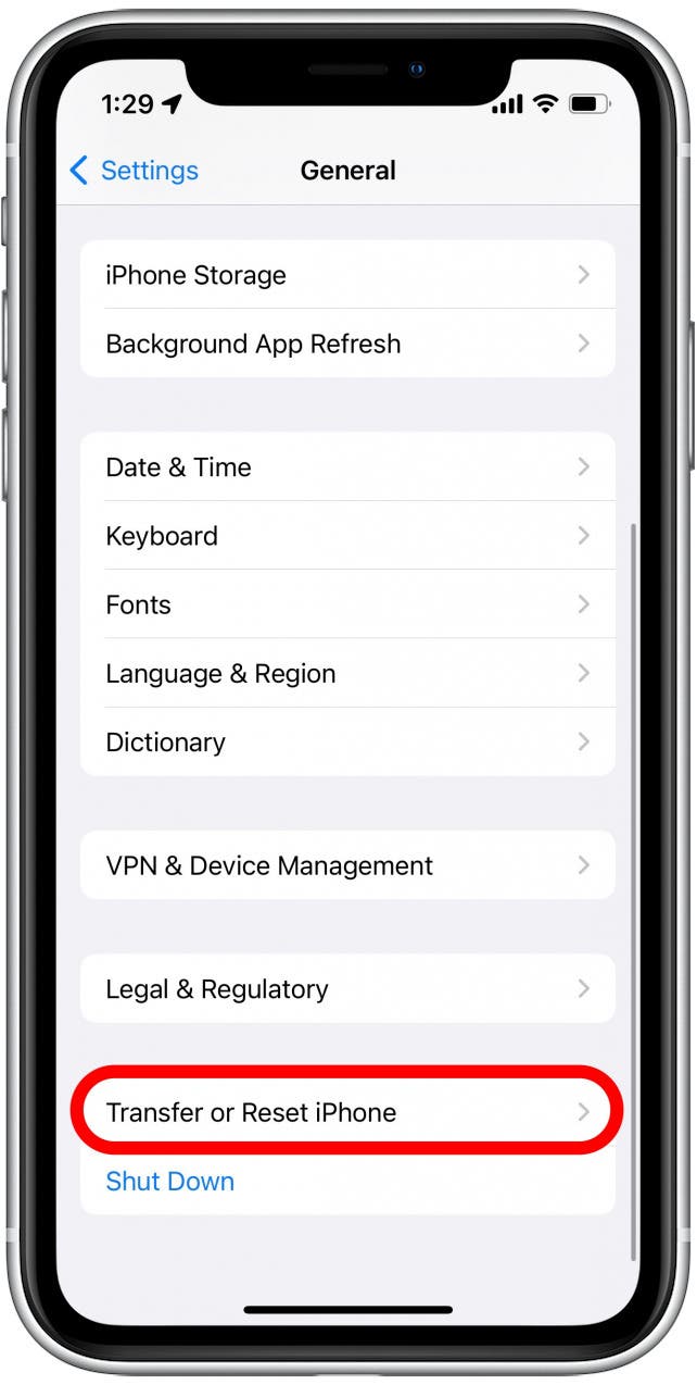 Scroll all the way down and tap Transfer or Reset iPhone.