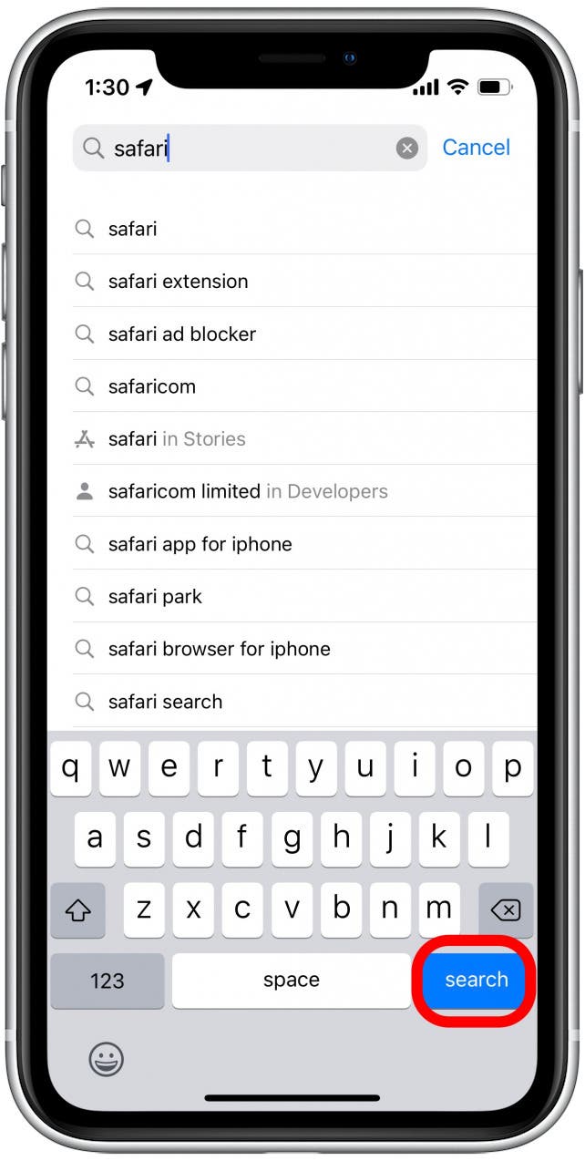 Type Safari in the search bar, and press Search.