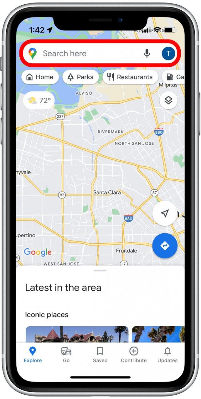 Tap the search bar and input the location you wish to navigate to.