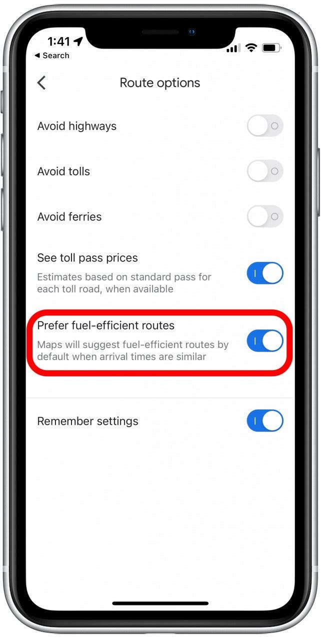 Tap the toggle for Prefer fuel-efficient routes.