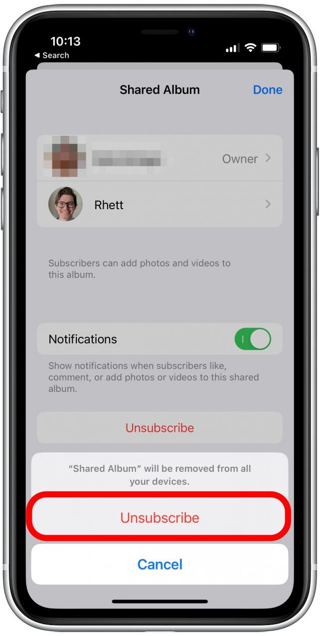 Tap Unsubscribe again to confirm you want to leave the album.