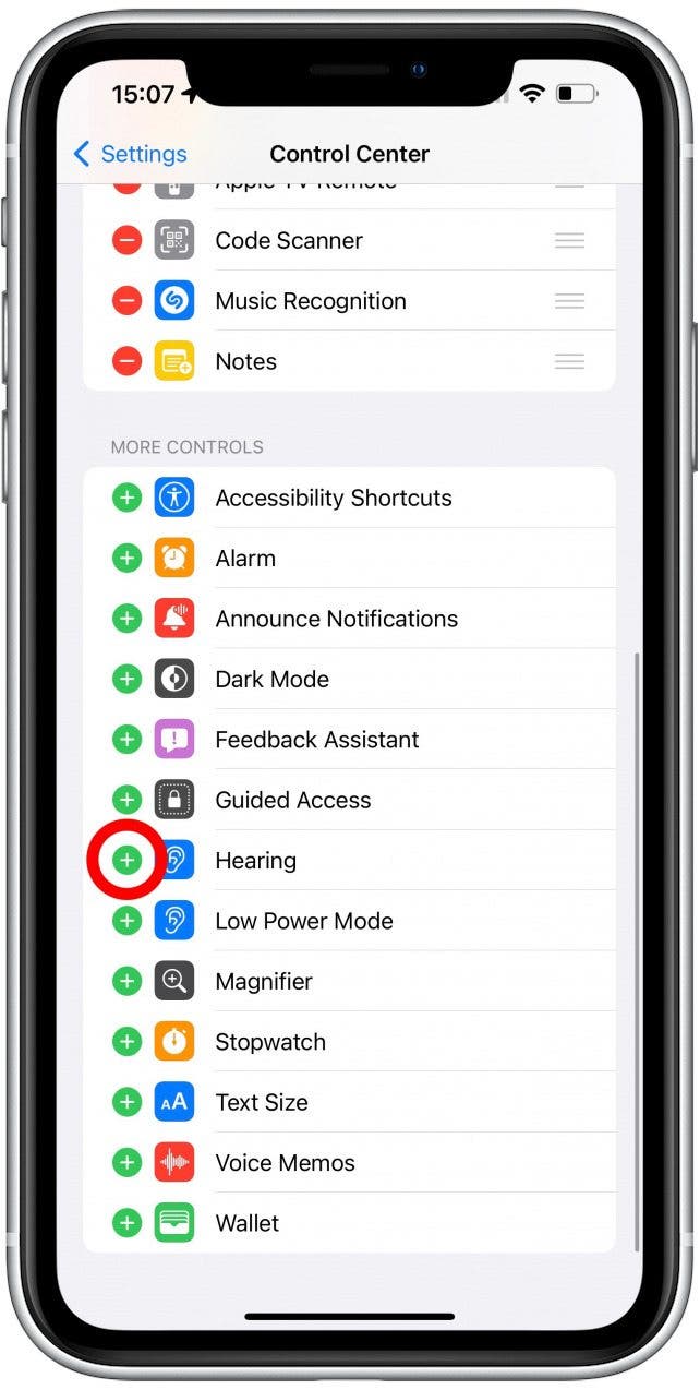 Locate Hearing and tap the + icon 