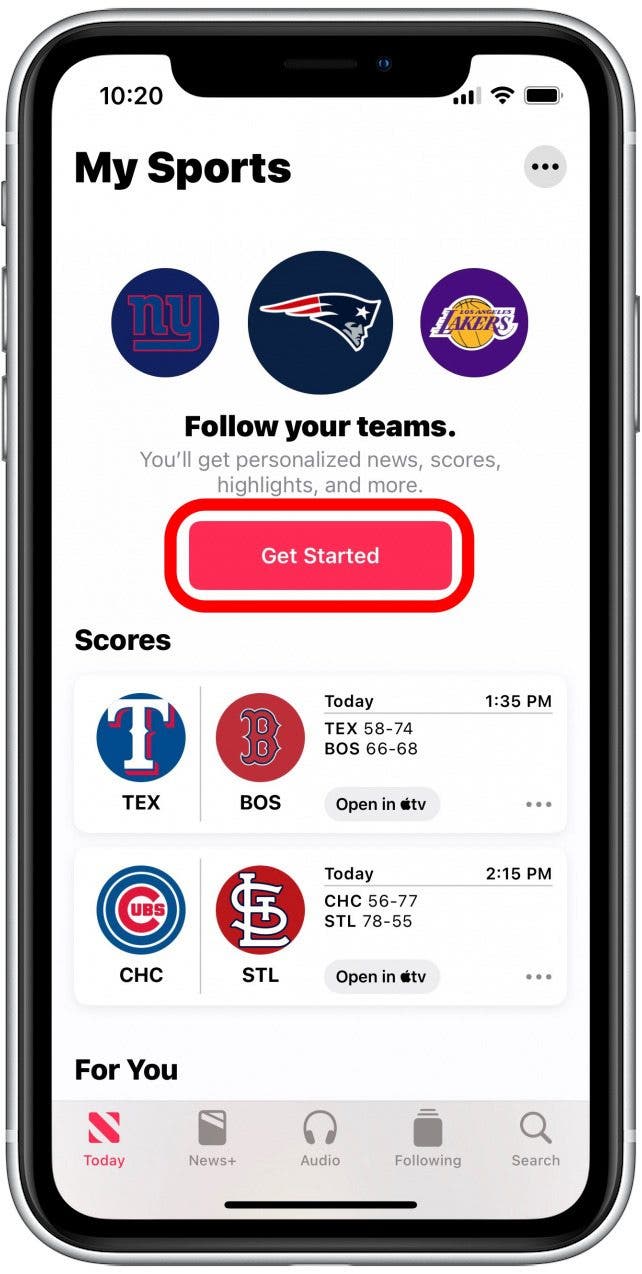 Scroll until you find My Sports, and tap Get Started.