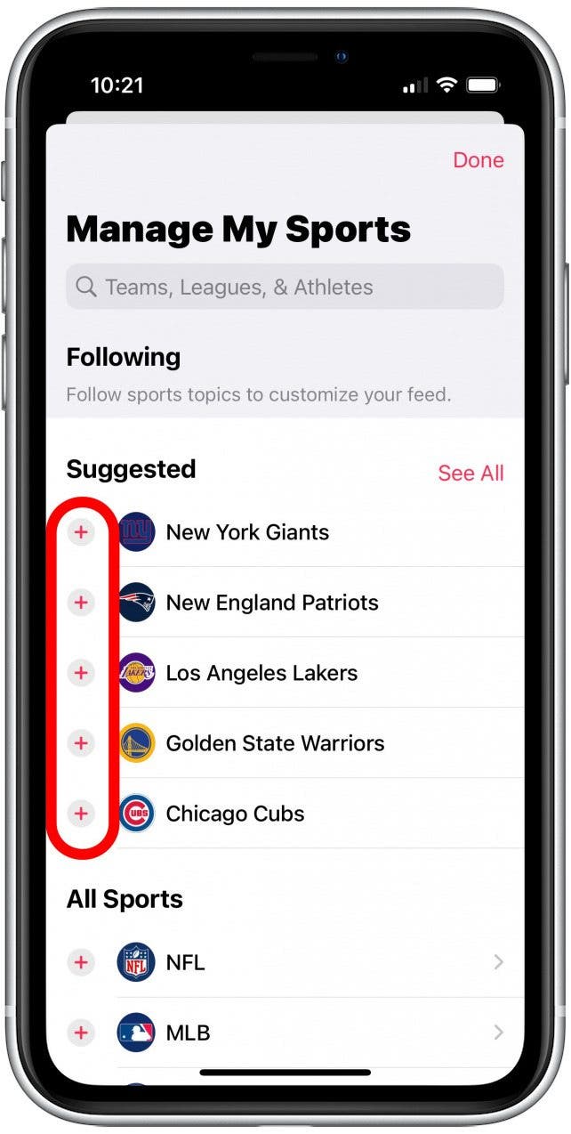 Tap the plus icon to add teams or sports that you want to follow.