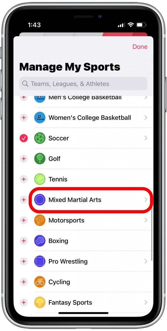 You can also tap into a sport to find specific team or aspect of the sport that you’d like to follow. For example, tap Mixed Martial Arts.