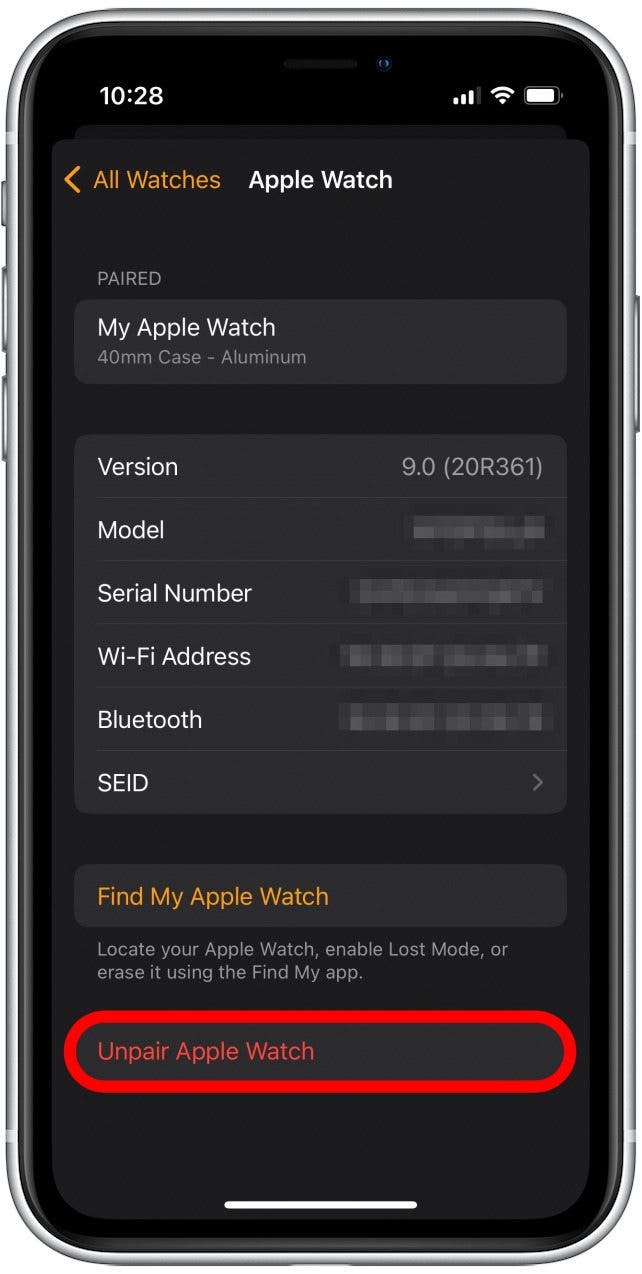 Tap Unpair Apple Watch.