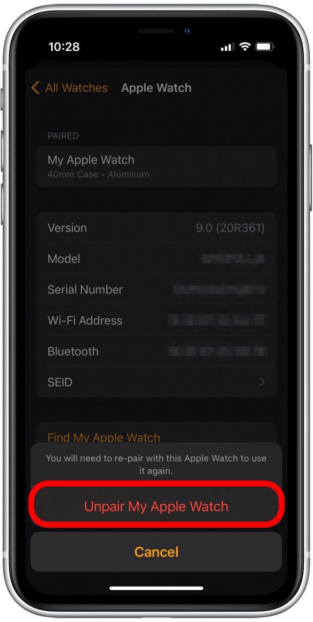 Tap Unpair My Apple Watch to confirm you want to proceed.