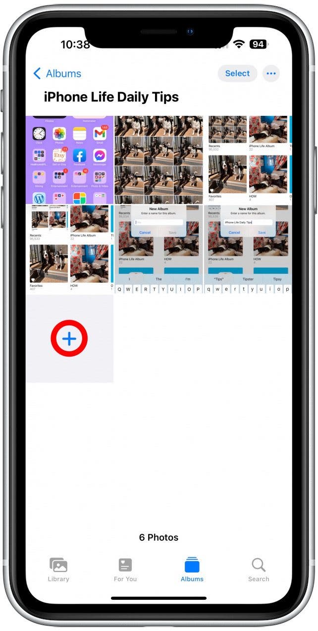 Tap the album you'd like to add photos to, then tap the Plus icon.