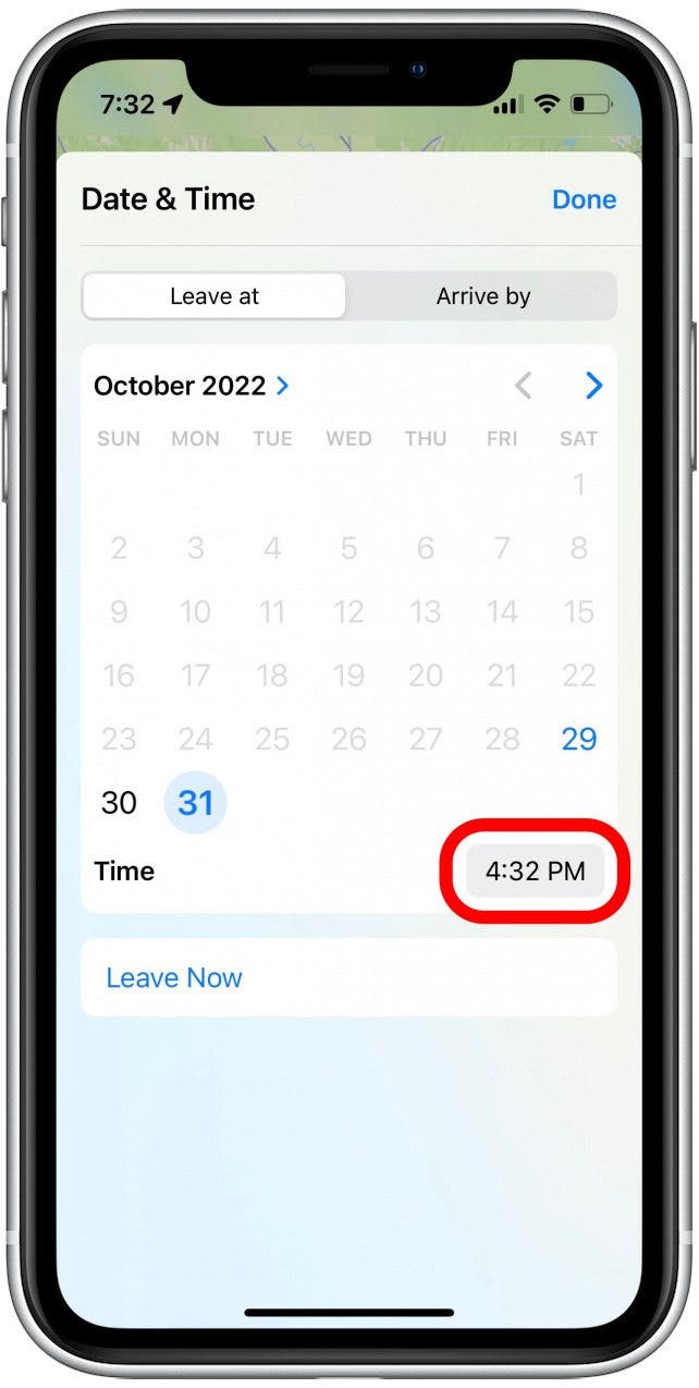 Tap the box next to Time to select the time of day that you plan to leave.