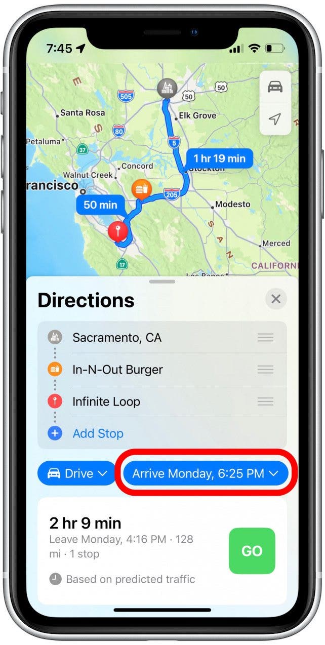 Apple Maps will suggest what date and time you should leave in order to arrive by your selected day and time.