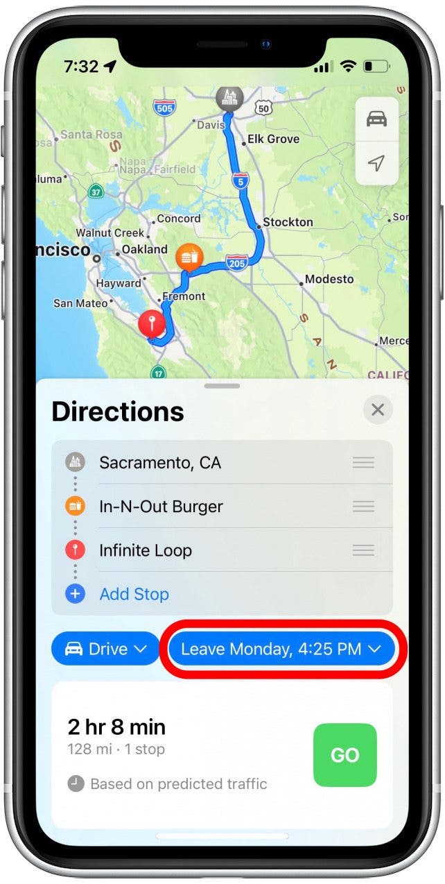 Apple Maps will show your multi-stop route with an estimated arrival time based on how traffic is predicted for your chosen day.