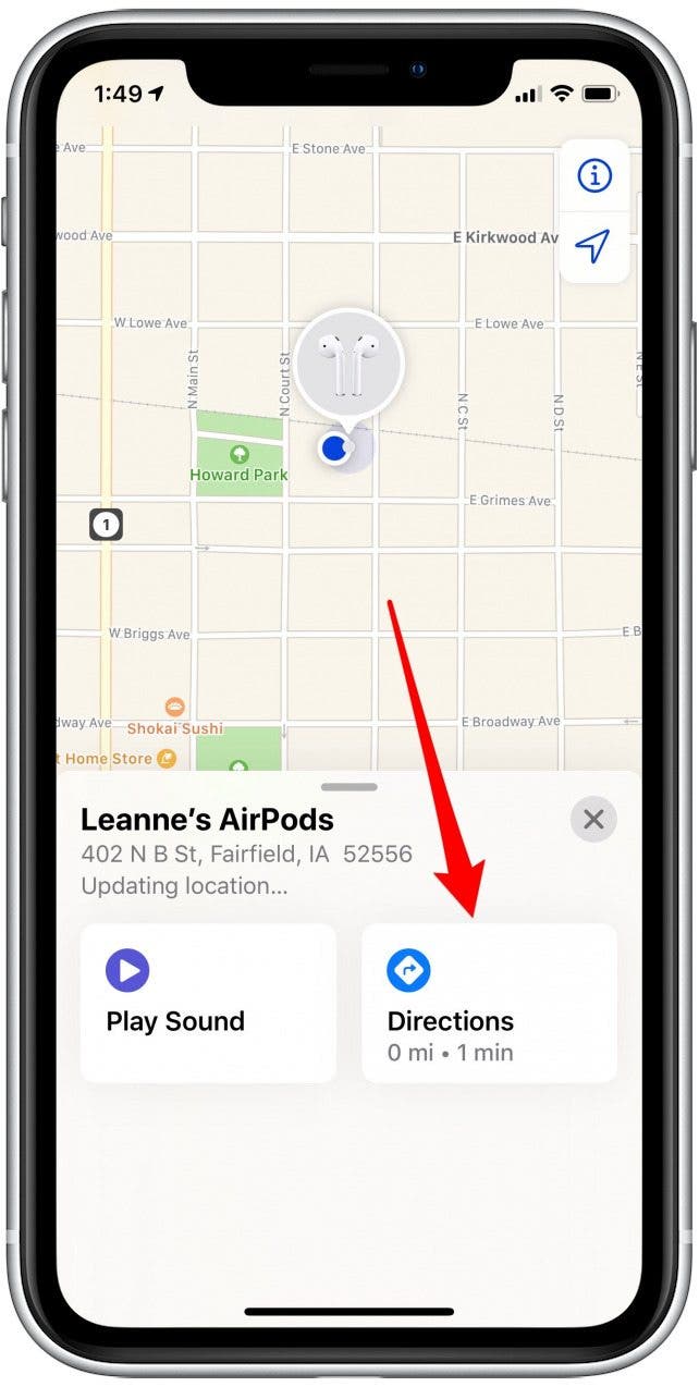 tap map to get directions to lost airpods