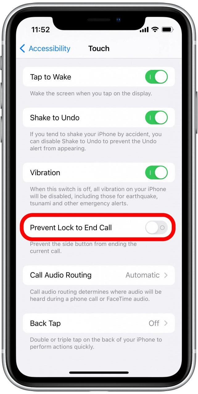 Scroll down and tap the toggle next to Prevent Lock to End Call.