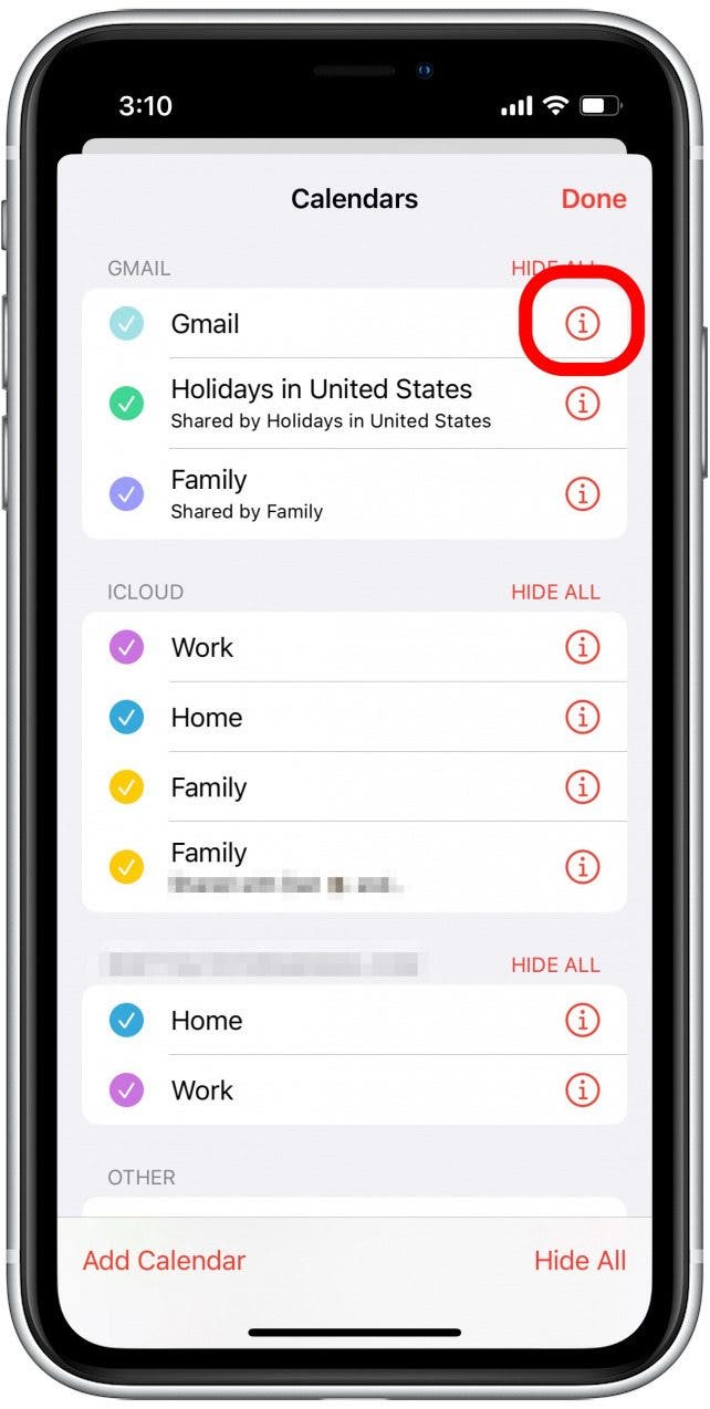 Tap the i icon next to a calendar.