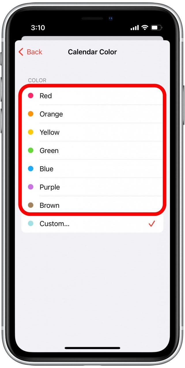 Select a color from the list to assign it to that calendar.