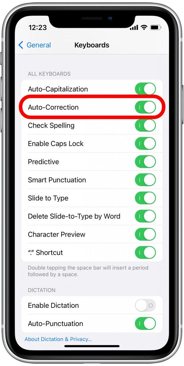 Check that the toggle next to Auto-Correction is switched on.