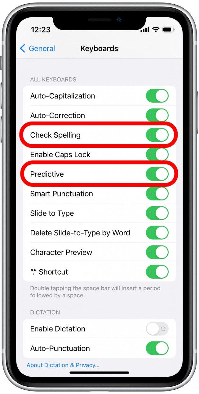 Other toggles that you’ll want to make sure are turned on are Check Spelling and Predictive.