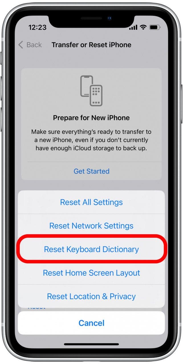 Tap Reset Keyboard Dictionary.