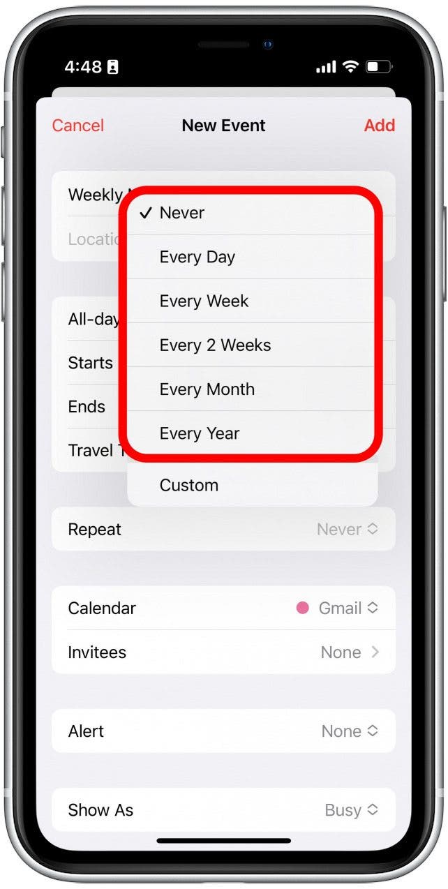 Select how often you would the event to recur.