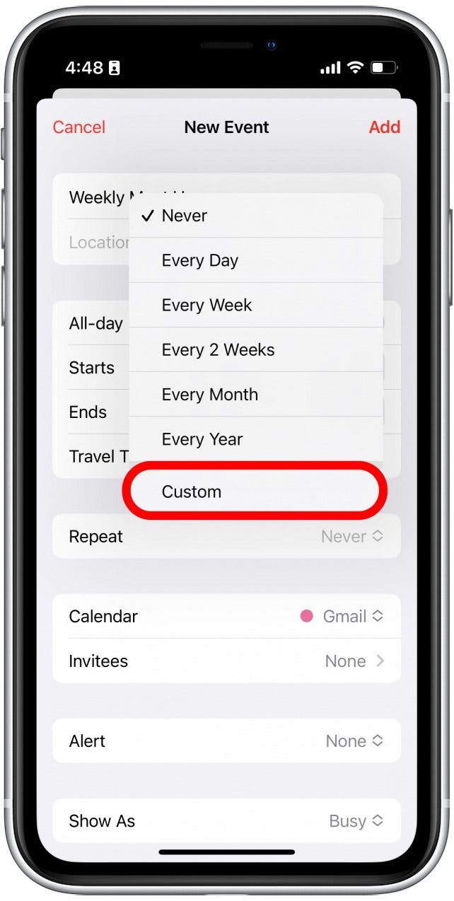 If you would like your iPhone calendar to repeat the event on specific days, you can tap Custom.