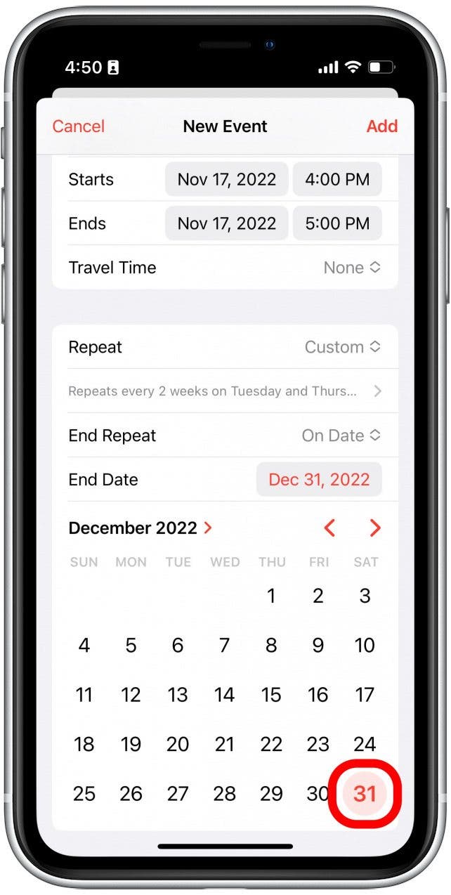 Your calendar will automatically set the end date for one month after the initial event, but you can select a custom date for when you no longer wish to be notified of this event.