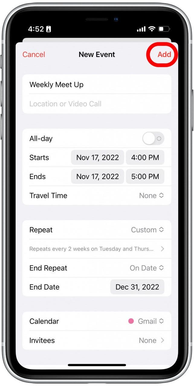 Tap Add in the upper right corner when you have finished personalizing the rest of your calendar event options.